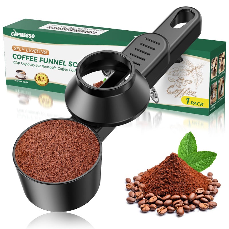 CAPMESSO Coffee Scoop & Funnel for Reusable K Cup Refillable Coffee Pods: 2 Tablespoon Coffee Measuring Scoop - Easy Slide Scoop for Ground Coffee, Protein Powder, Tea without Spilling (1 Pack) - Image 1